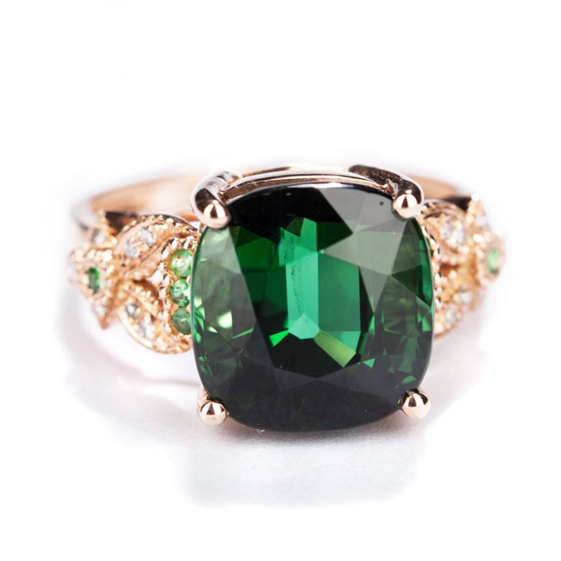 14k Gold 6.6 Ct Natural Tourmaline & Diamond & Tsavorite Ring - 4