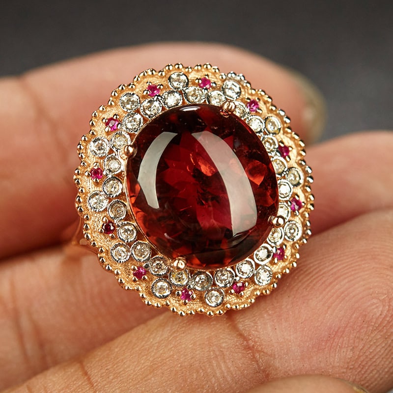 14k Gold 8.7 Ct Natural Tourmaline & Diamond & Ruby Ring: Ref:231034007 // gold content:14k gold // ring size:7. 25us // // main gemstone:tourmaline // shape:oval // carat weight:8. 7ct // color:red // treatment:natural // // adjacent gemstone 2 : diamond