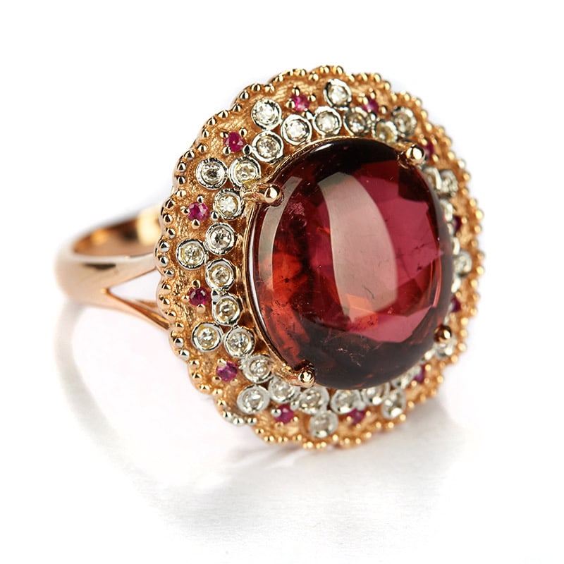 14k Gold 8.7 Ct Natural Tourmaline & Diamond & Ruby Ring - 2
