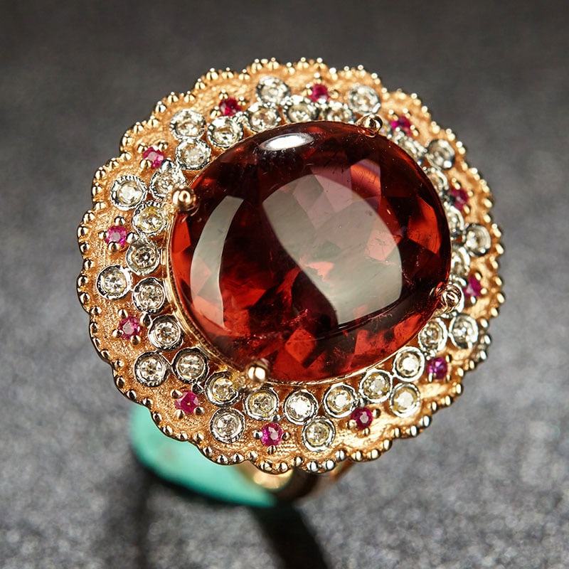 14k Gold 8.7 Ct Natural Tourmaline & Diamond & Ruby Ring - 3