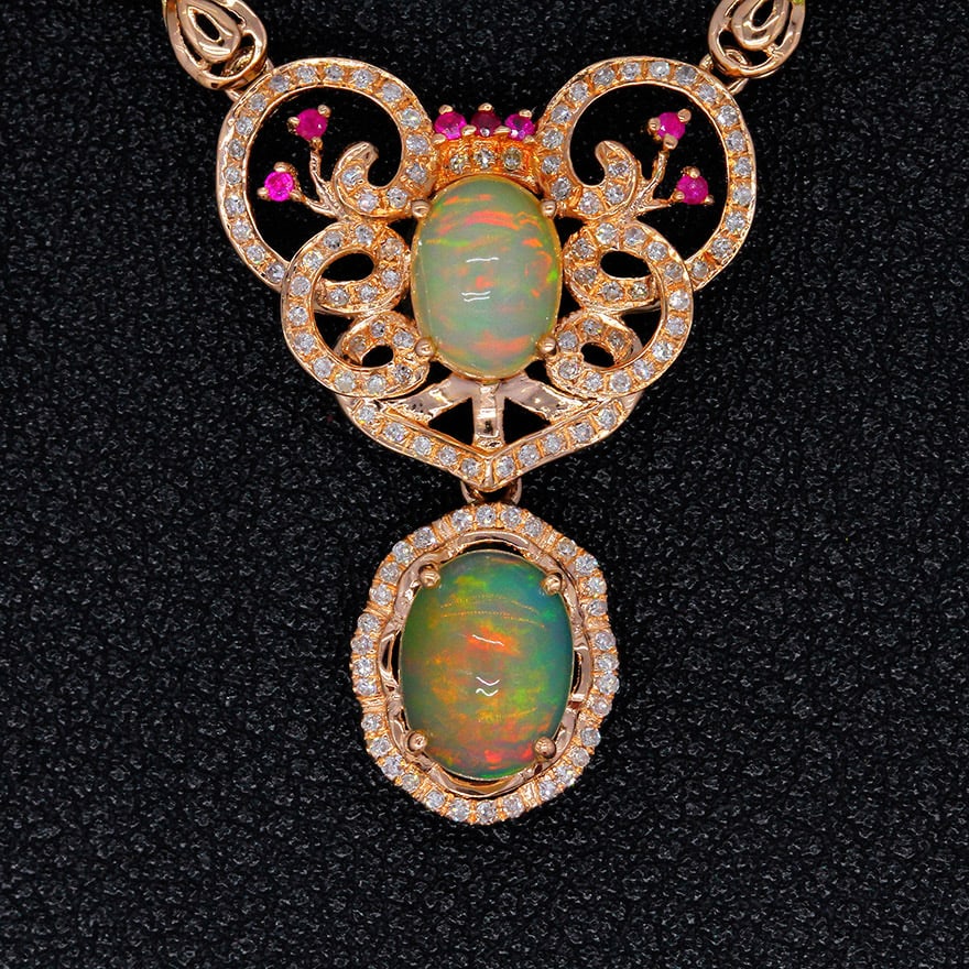 14k Gold 9.12 Ctw Natural Opal & Diamond Necklace - 3