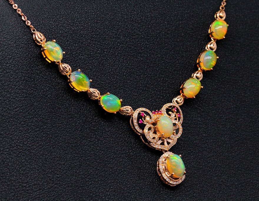 14k Gold 9.12 Ctw Natural Opal & Diamond Necklace - 4