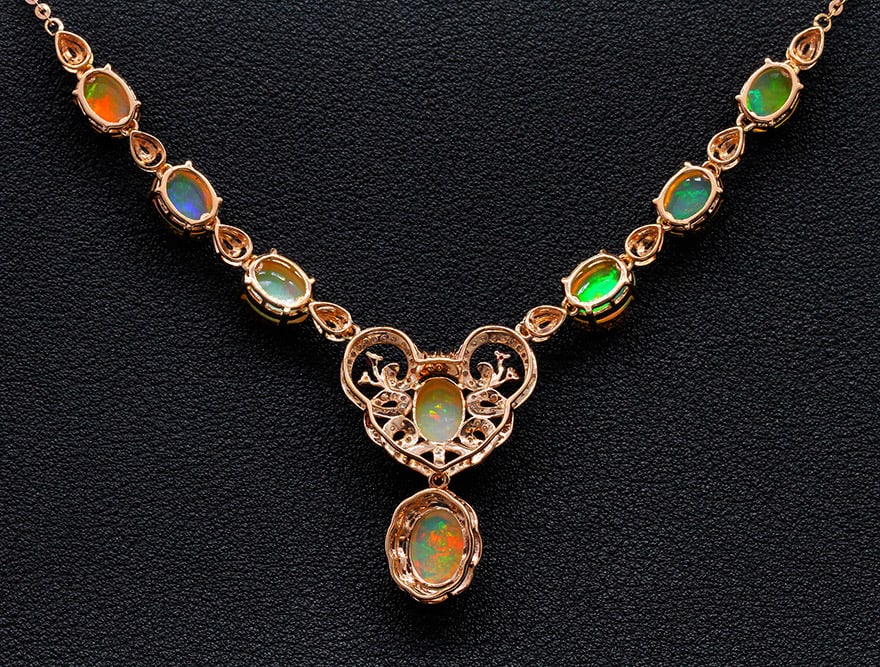 14k Gold 9.12 Ctw Natural Opal & Diamond Necklace - 5