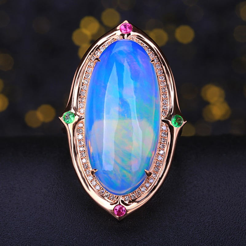 14k Gold 8.07 Ct Natural Opal & Diamond & Ruby & Tsavorite Ring: Ref:231034024 // gold content:14k gold // ring size:7. 25us // // main gemstone:opal // shape:oval // carat weight:8. 07ct // color:color // treatment:natural // // adjacent gemstone 2 : diamond // sh
