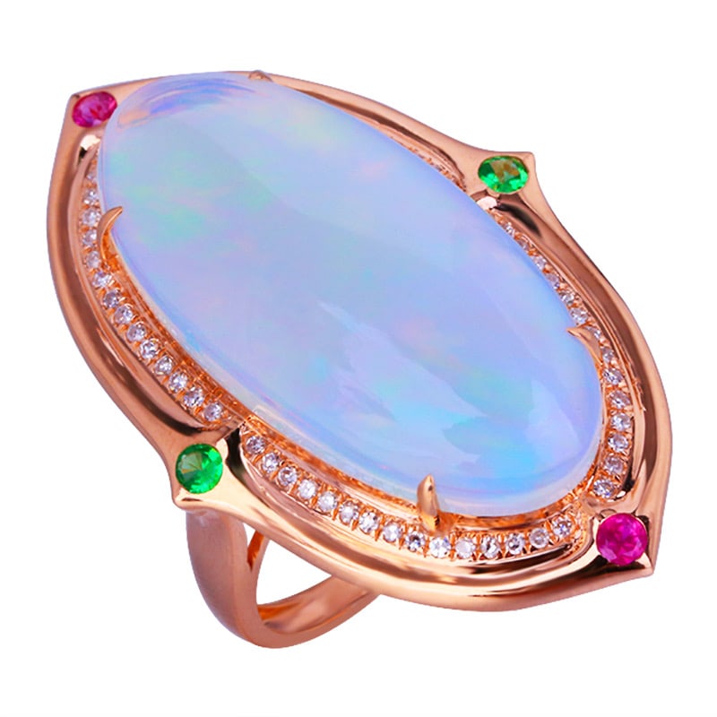 14k Gold 8.07 Ct Natural Opal & Diamond & Ruby & Tsavorite Ring - 2