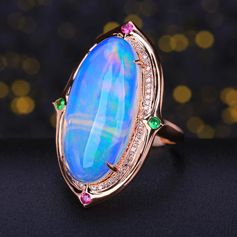 14k Gold 8.07 Ct Natural Opal & Diamond & Ruby & Tsavorite Ring - 3