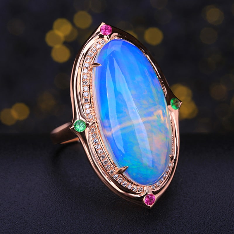 14k Gold 8.07 Ct Natural Opal & Diamond & Ruby & Tsavorite Ring - 4