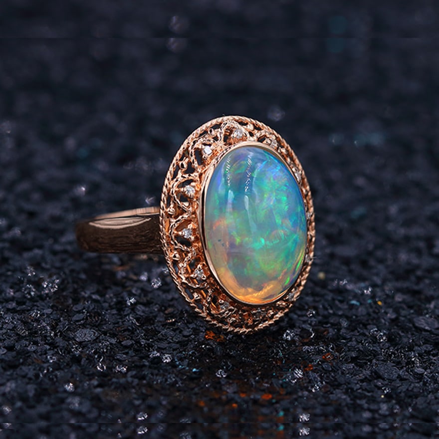 14k Gold 5.21 Ctw Natural Opal & Diamond Ring - 3