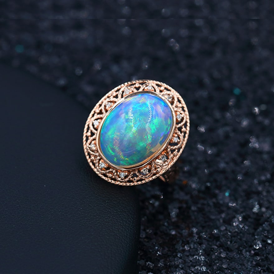 14k Gold 5.21 Ctw Natural Opal & Diamond Ring - 5