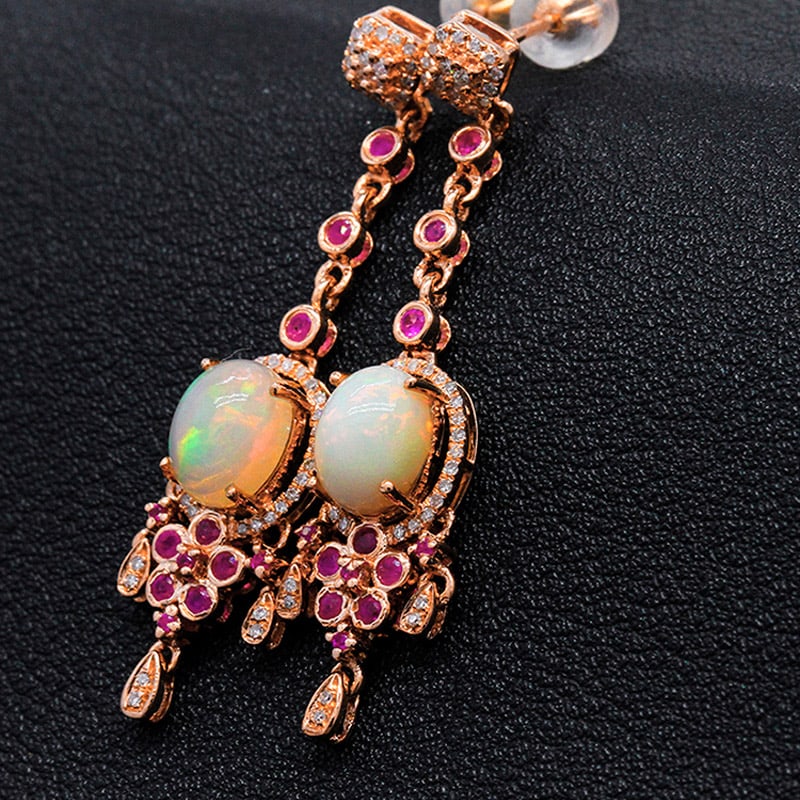 14k Gold 2.1 Ct Natural Opal & Diamond & Ruby Earrings - 2