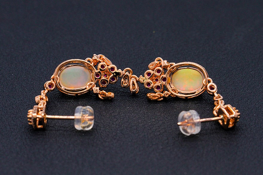 14k Gold 2.1 Ct Natural Opal & Diamond & Ruby Earrings - 5