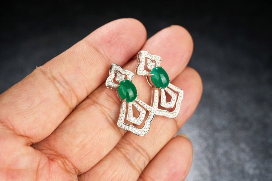 14k Gold 3.79 Ctw Vivid Green Natural Emerald & Diamond Earrings - 6