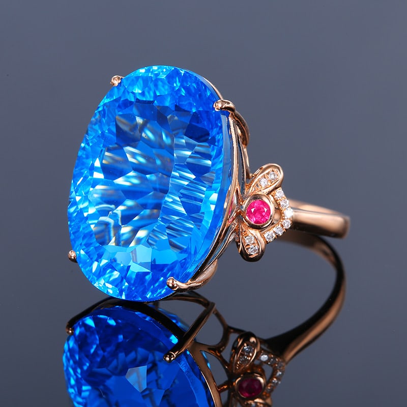 14k Gold 26.81 Ct Natural Topaz & Diamond & Ruby Ring - 2