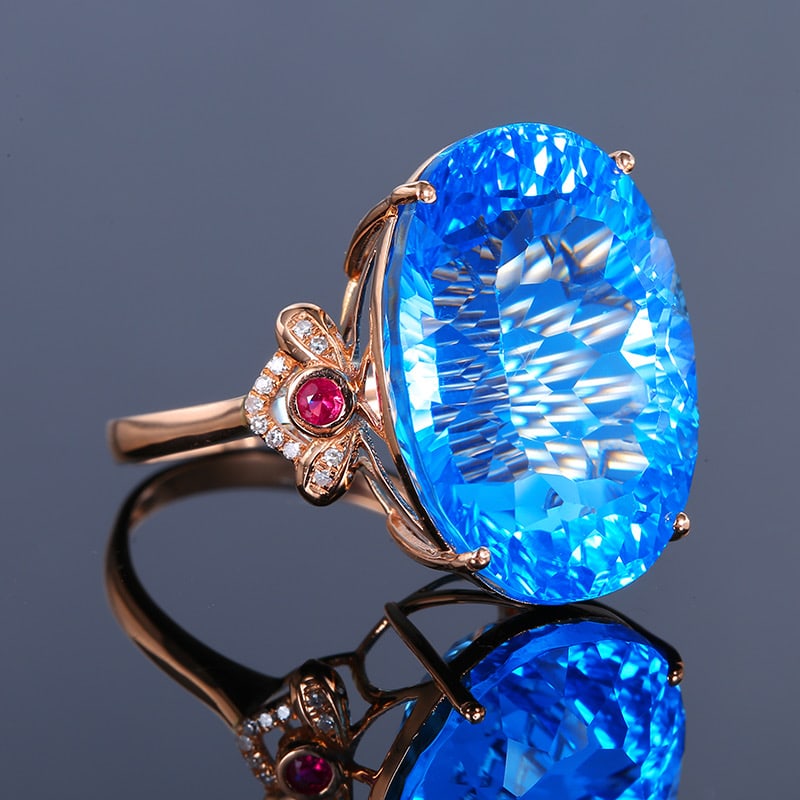 14k Gold 26.81 Ct Natural Topaz & Diamond & Ruby Ring - 3