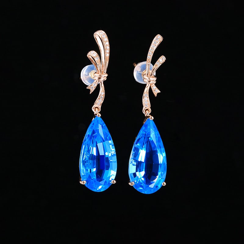 14k Gold 16.08 Ct Natural Topaz & Diamond Earrings - 4
