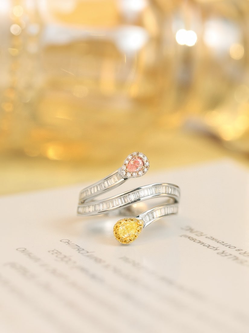 14k Gold 0.19 Ctw Natural Yellow Diamond & Pink Diamond & Toi Et Moi Ring: Ref:231034052 // gold content:14k gold // ring size:7. 25us // // main gemstone:yellow diamond // shape:pear // carat weight:0. 1ct // color:yellow // treatment:natural // // adjacent gemstone 2 :