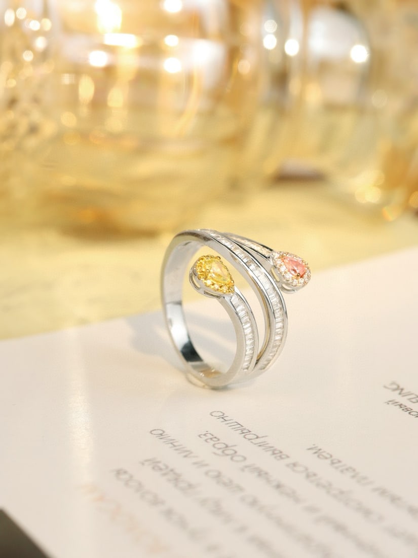 14k Gold 0.19 Ctw Natural Yellow Diamond & Pink Diamond & Toi Et Moi Ring - 3