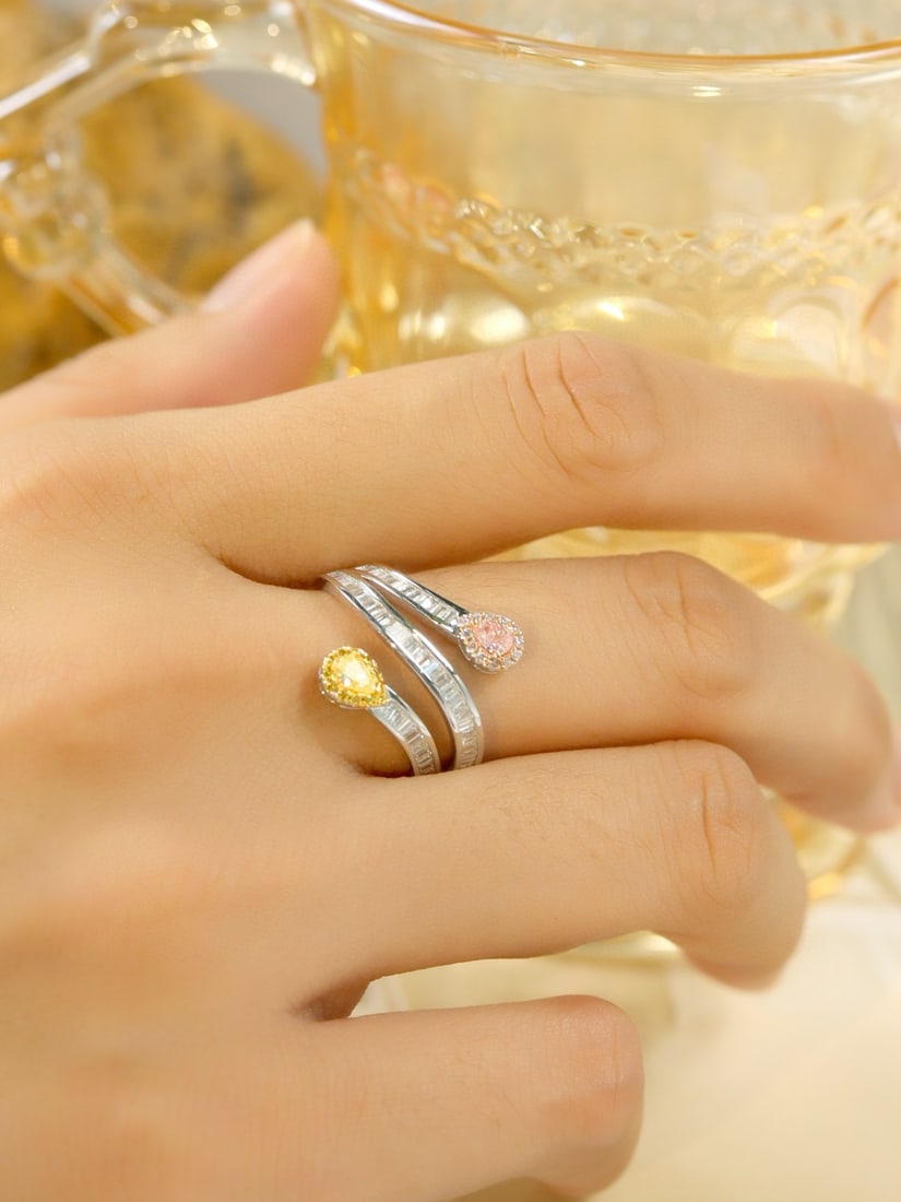 14k Gold 0.19 Ctw Natural Yellow Diamond & Pink Diamond & Toi Et Moi Ring - 5