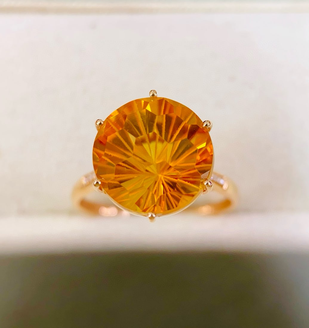 14k Gold 7.28 Ctw Natural Citrine & Diamond Ring: Ref:231034056 // gold content:14k gold // ring size:7. 25us // // main gemstone:citrine // shape:round // carat weight:7. 25ct // color:yellow // treatment:natural // cut grade:g // // adjacent