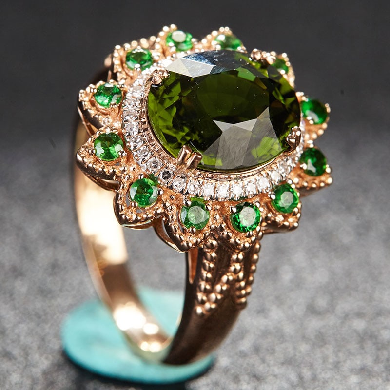 14k Gold 2.65 Ct Natural Tourmaline & Diamond & Tsavorite Ring - 2