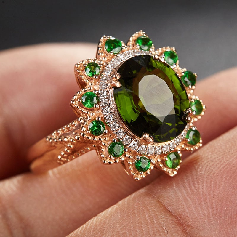 14k Gold 2.65 Ct Natural Tourmaline & Diamond & Tsavorite Ring - 3