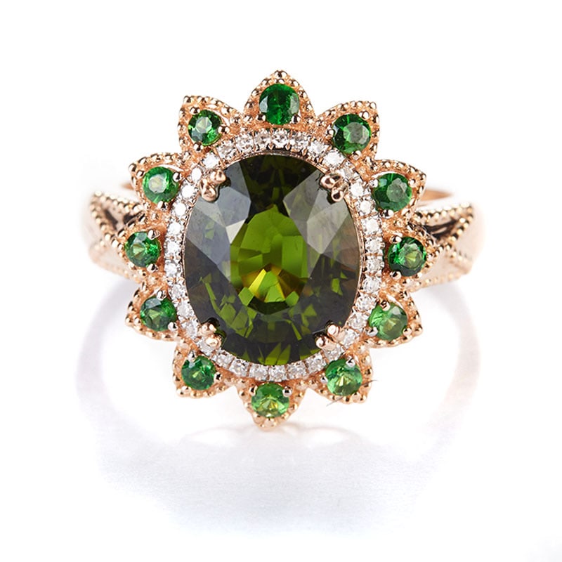 14k Gold 2.65 Ct Natural Tourmaline & Diamond & Tsavorite Ring - 4