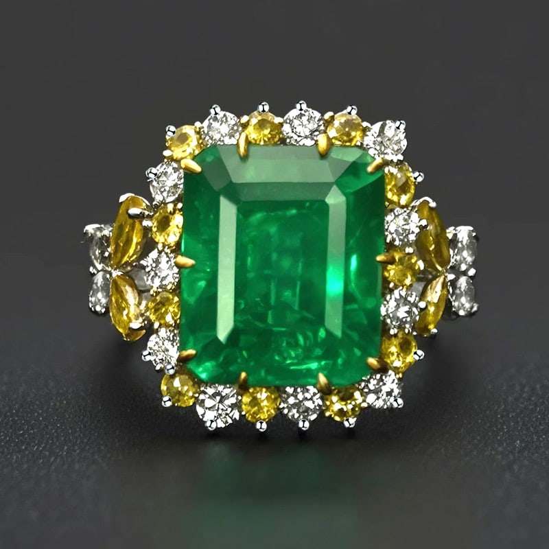 14k Gold 7.64 Ctw Vivid Green Natural Emerald & Diamond Ring: Ref:231034080 // gold content:14k gold // ring size:7. 25us // // main gemstone:emerald // shape:octagonal // carat weight:7. 35ct // color:vivid green // treatment:natural // // adjacent gemstone 2 :