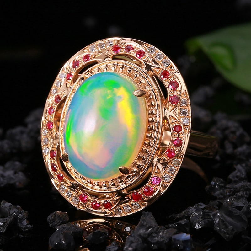 14k Gold 4.36 Ctw Natural Opal & Diamond Ring - 2