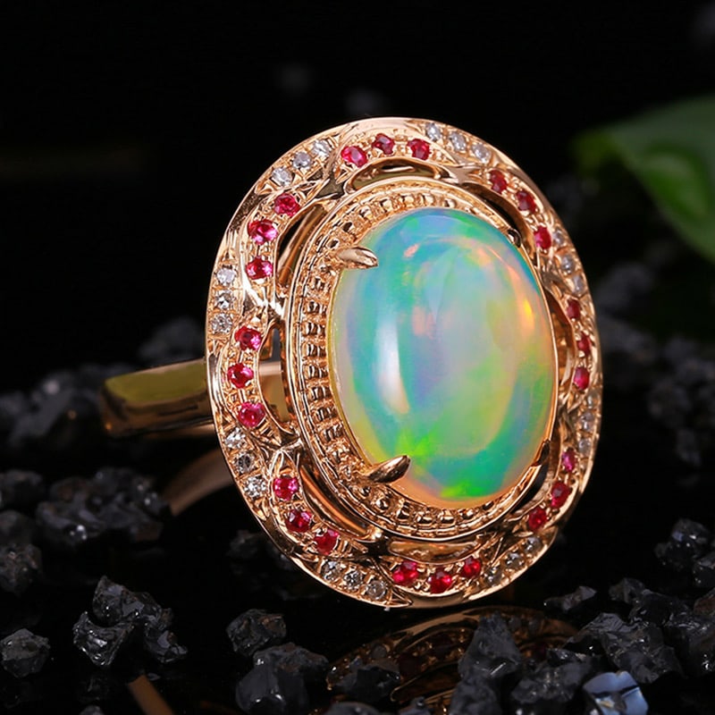 14k Gold 4.36 Ctw Natural Opal & Diamond Ring - 3