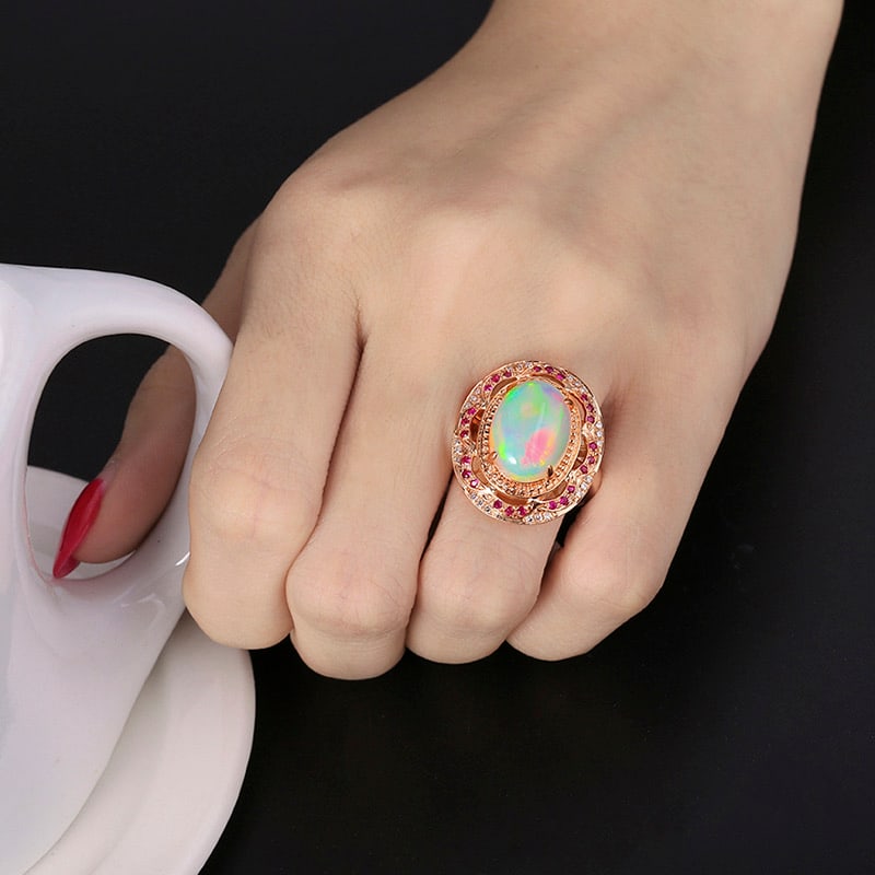 14k Gold 4.36 Ctw Natural Opal & Diamond Ring - 4