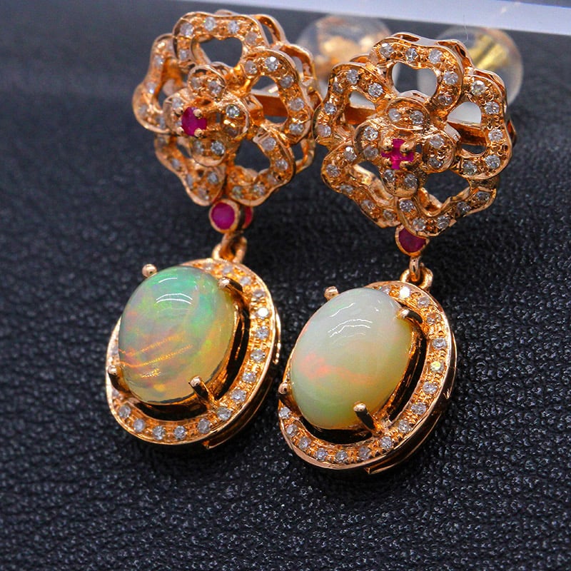 14k Gold 2.04 Ctw Natural Opal & Diamond Earrings - 2