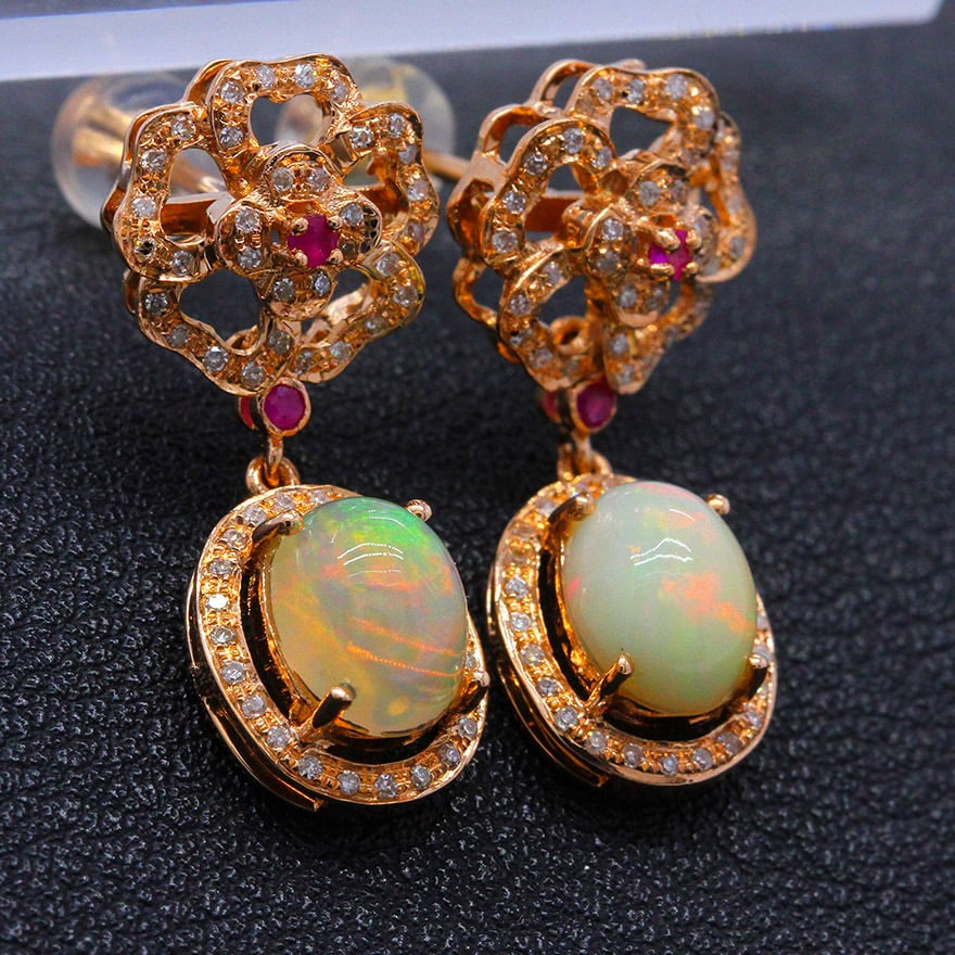 14k Gold 2.04 Ctw Natural Opal & Diamond Earrings - 3