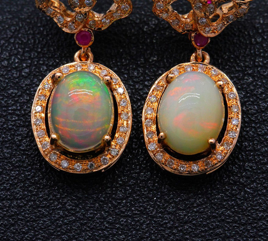 14k Gold 2.04 Ctw Natural Opal & Diamond Earrings - 4