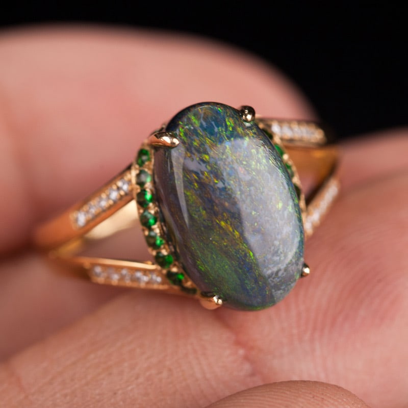 14k Gold 3.95 Ct Natural Opal & Diamond & Tsavorite Ring - 3