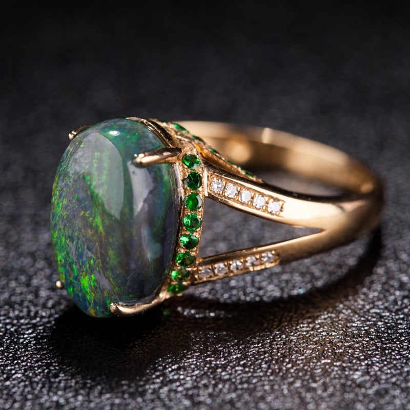 14k Gold 3.95 Ct Natural Opal & Diamond & Tsavorite Ring - 4