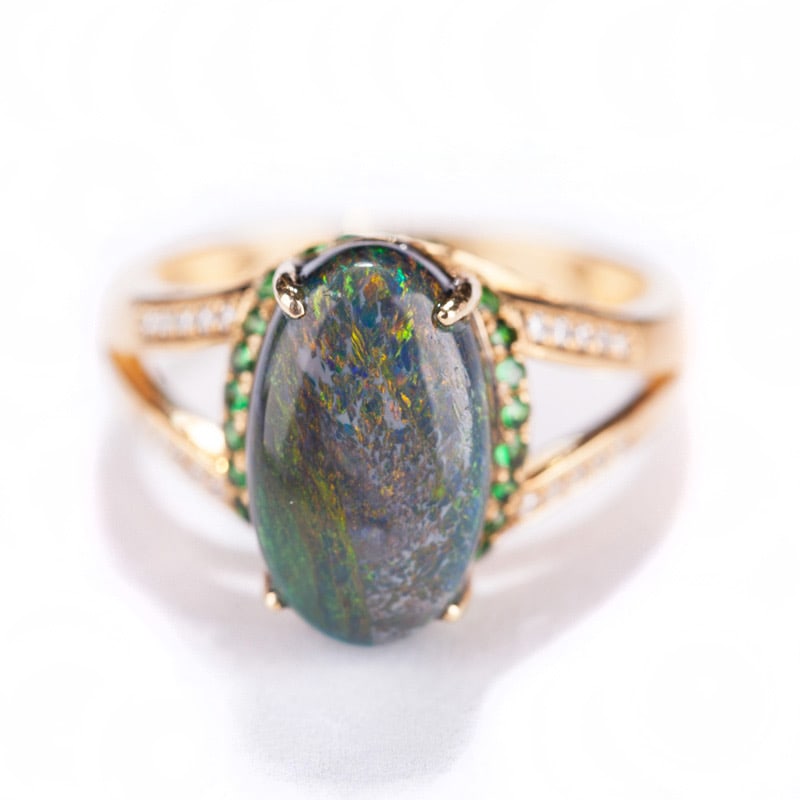 14k Gold 3.95 Ct Natural Opal & Diamond & Tsavorite Ring - 5