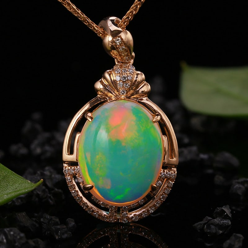 14k Gold 5.08 Ctw Natural Opal & Diamond Pendant( Without Chain ): Ref:231034085 // gold content:14k gold // main gemstone:opal // shape:oval // carat weight:4. 93ct // color:color // treatment:natural // // adjacent gemstone 2 : diamond // shape:round // carat