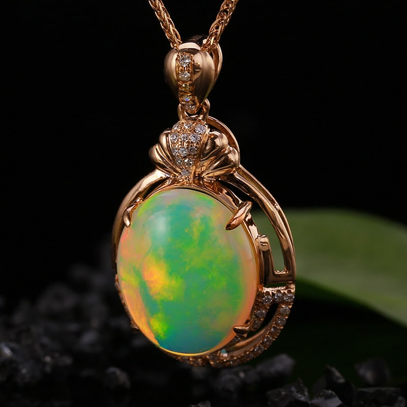 14k Gold 5.08 Ctw Natural Opal & Diamond Pendant( Without Chain ) - 2