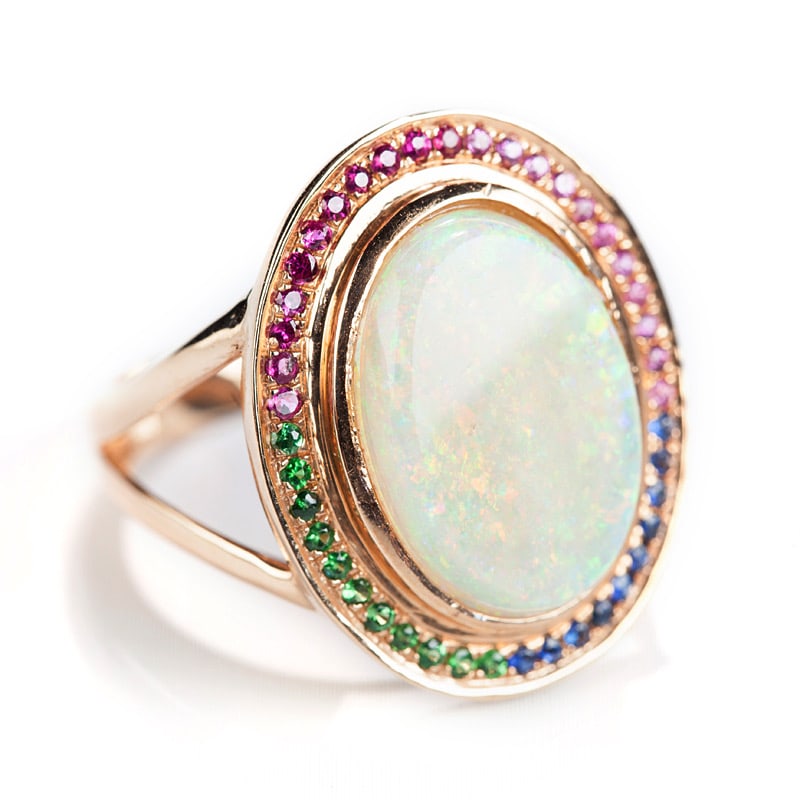 14k Gold 4.55 Ct Natural Opal & Ruby & Sapphire & Tsavorite Ring - 2