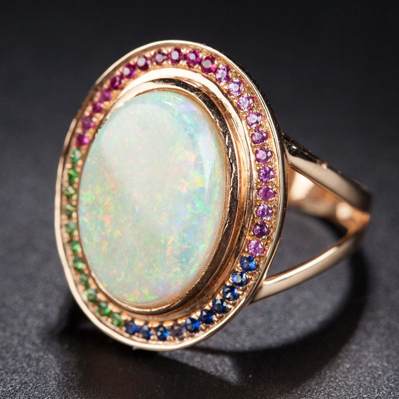 14k Gold 4.55 Ct Natural Opal & Ruby & Sapphire & Tsavorite Ring - 3