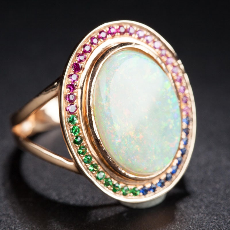 14k Gold 4.55 Ct Natural Opal & Ruby & Sapphire & Tsavorite Ring - 4