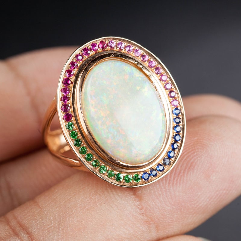 14k Gold 4.55 Ct Natural Opal & Ruby & Sapphire & Tsavorite Ring - 5