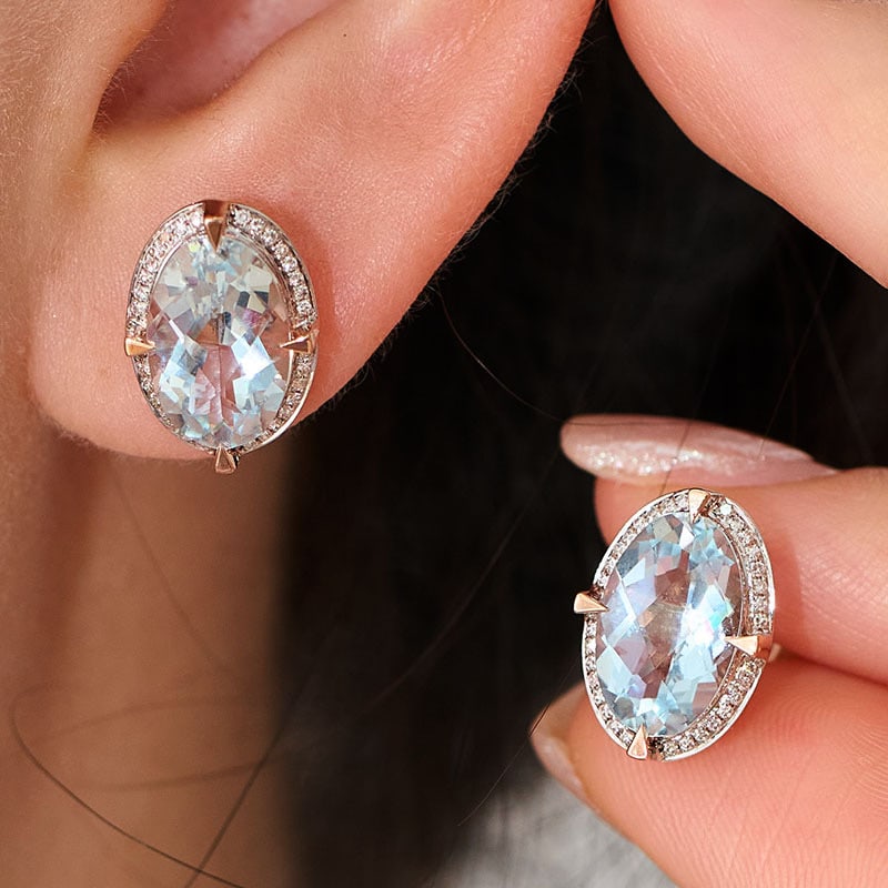 14k Gold 3.66 Ct Natural Aquamarine & Diamond Earrings - 4