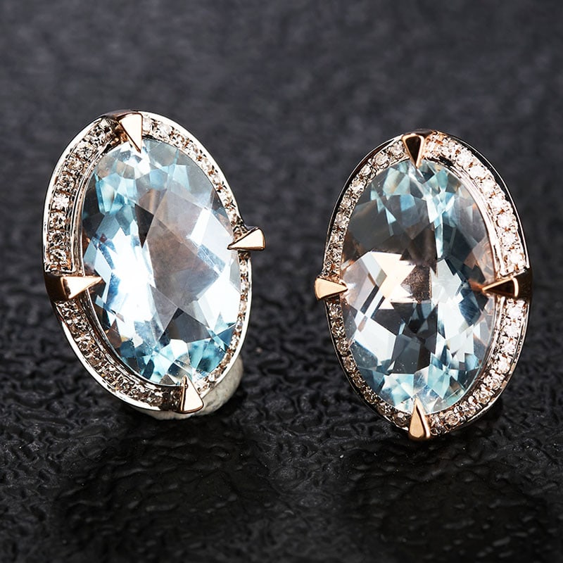 14k Gold 3.66 Ct Natural Aquamarine & Diamond Earrings - 5
