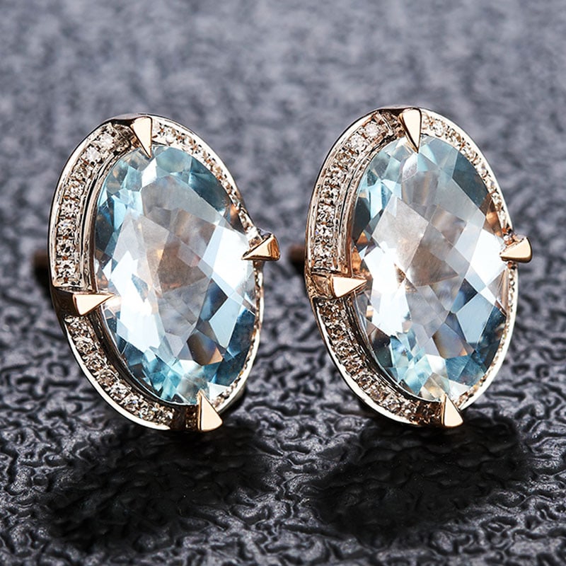 14k Gold 3.66 Ct Natural Aquamarine & Diamond Earrings - 6