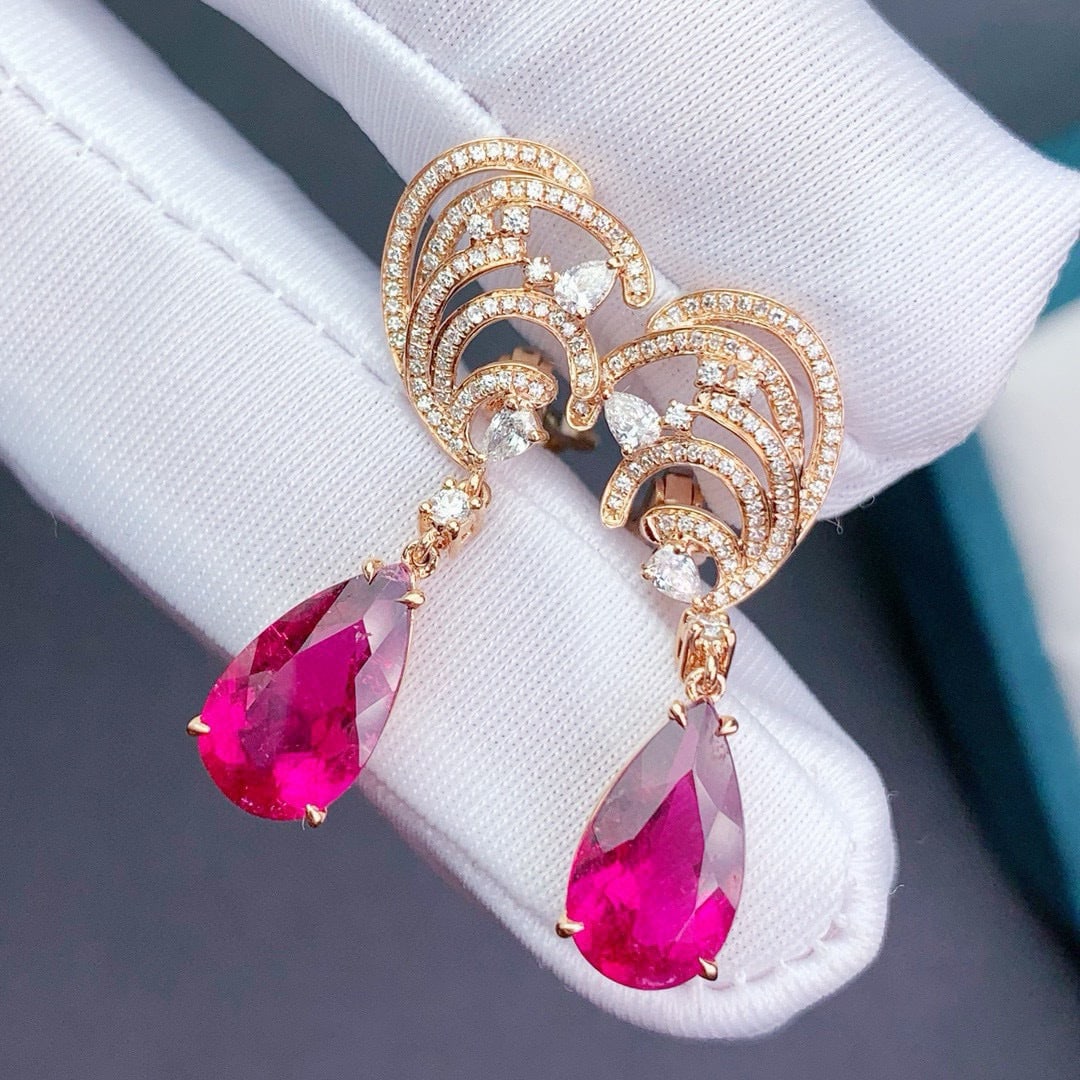 14k Gold 6.6 Ct Natural Tourmaline & Diamond Earrings - 7