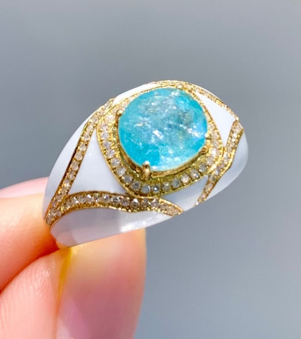 14k Gold 1.8 Ct Natural Paraiba Tourmaline & Diamond Ring: Ref:231034108 // gold content:14k gold // ring size:7. 25us // // main gemstone:paraiba tourmaline // shape:oval // carat weight:1. 8ct // color:blue // treatment:natural // // adjacent gemstone 2 :