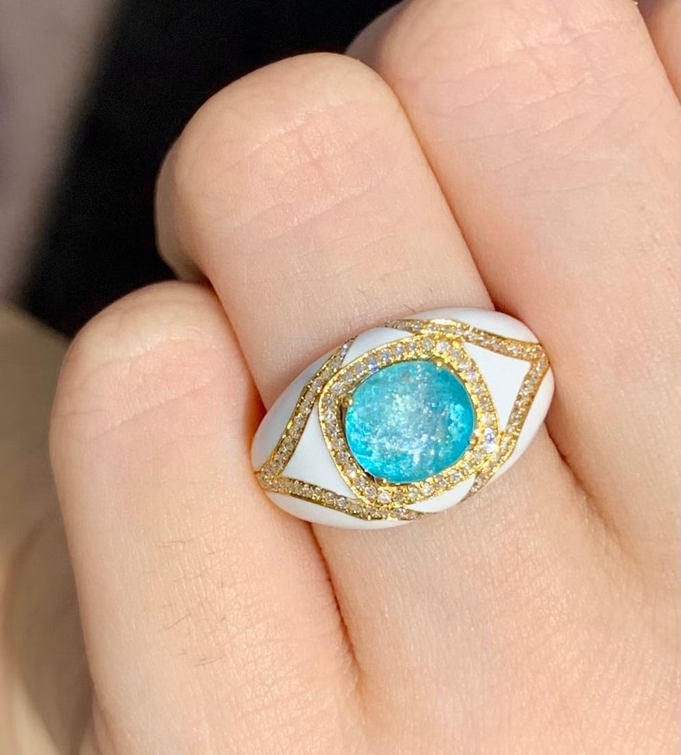 14k Gold 1.8 Ct Natural Paraiba Tourmaline & Diamond Ring - 6
