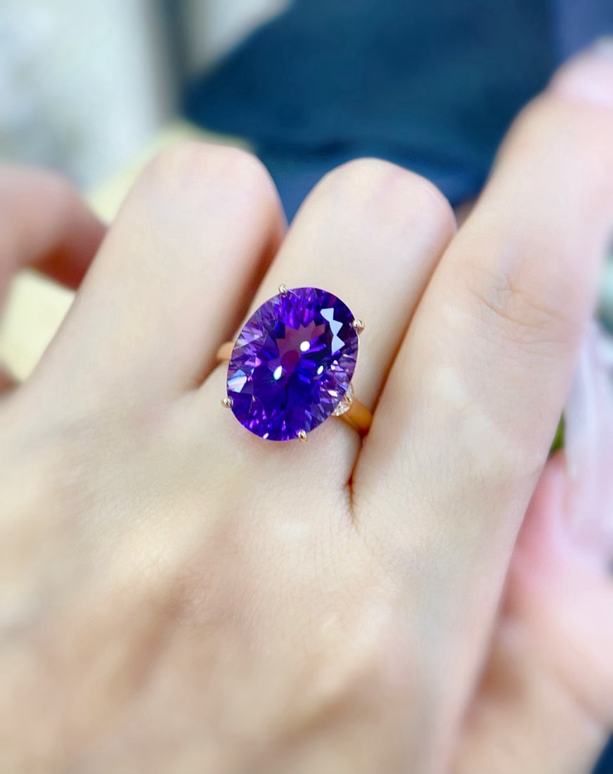 14k Gold 9.42 Ctw Natural Amethyst & Diamond Ring - 2