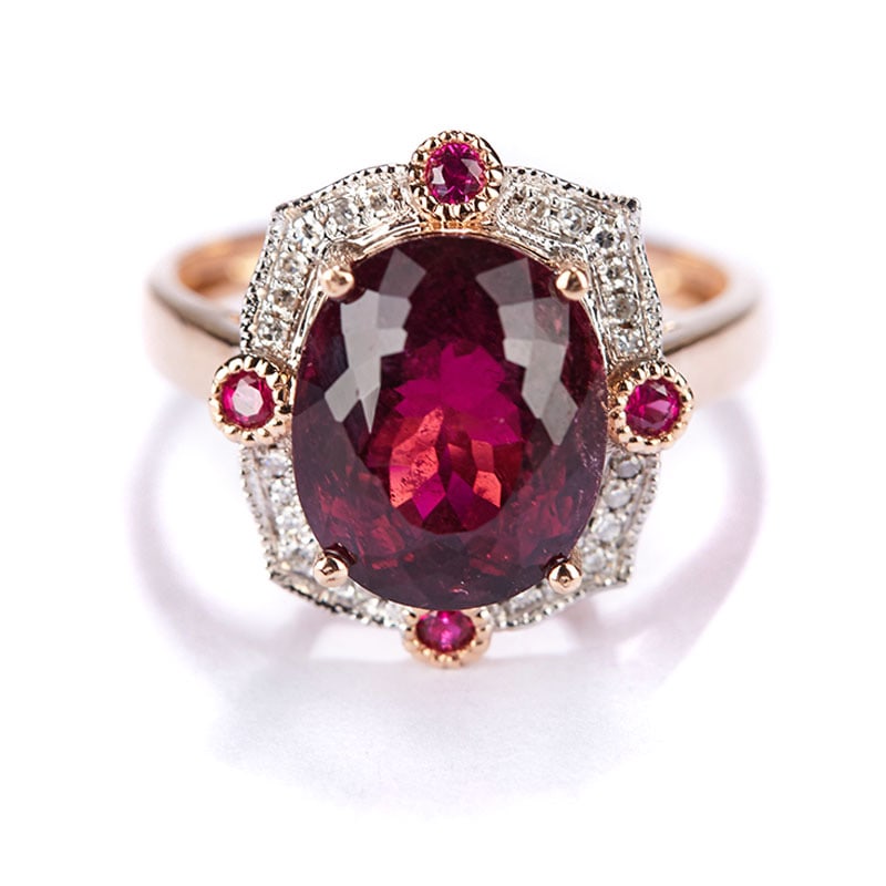 14k Gold 5.1 Ct Natural Tourmaline & Diamond & Ruby Ring - 2